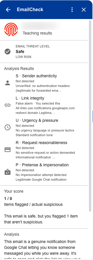 EmailCheck verdict panel inside Gmail™: Safe, low risk (reseller name blurred).
